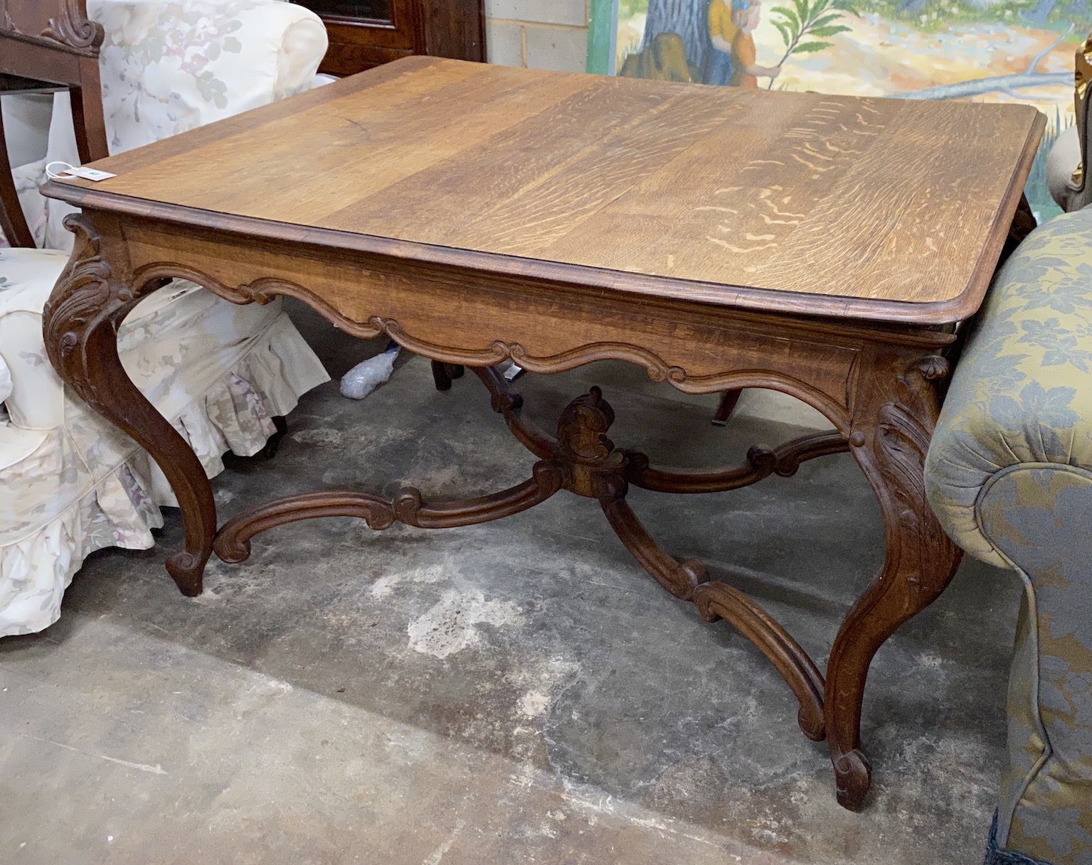 An early 20th century French rectangular oak centre/dining table with shaped 'X' stretcher, length 128cm, depth, 98cm, height 75cm